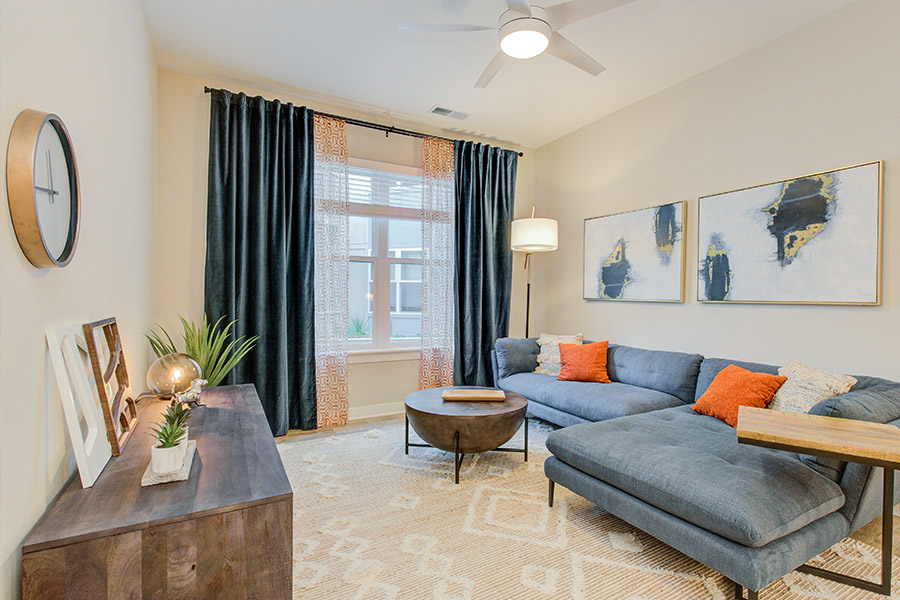 Apartment living room with couch, coffee table, wall art, and succulents