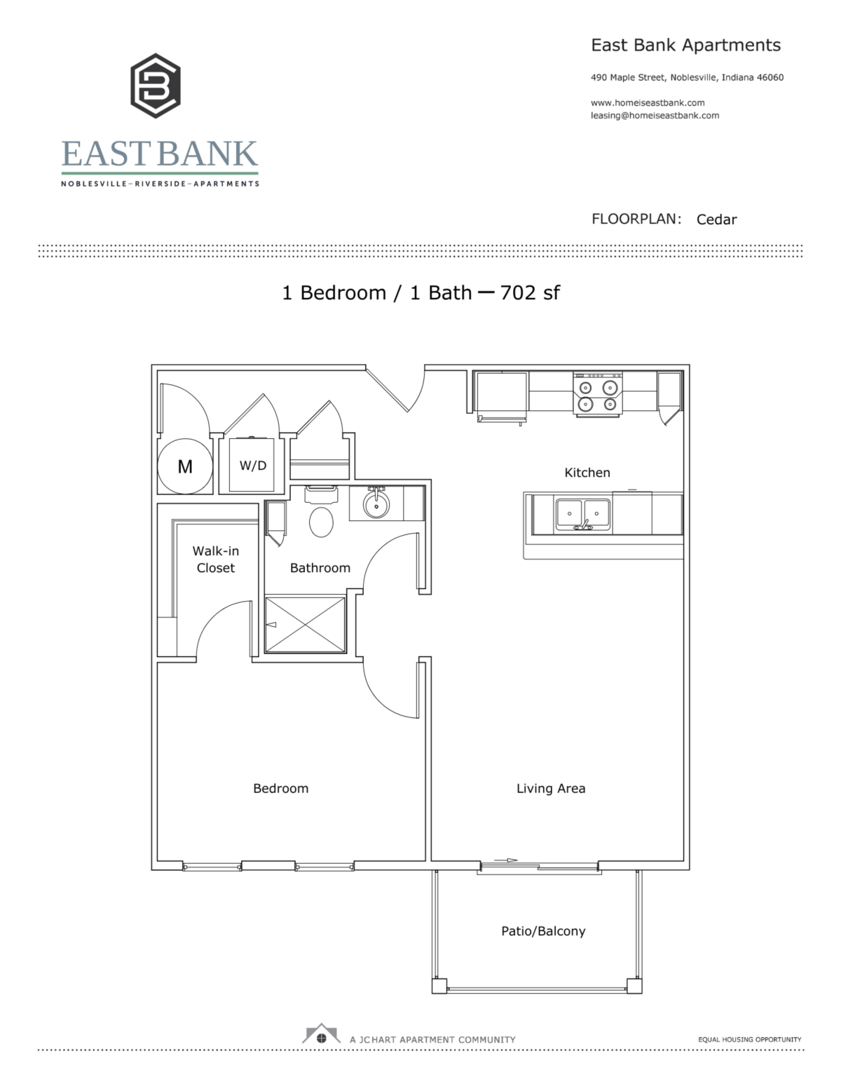 Cedar One-Bedroom Floor Plan | East Bank Noblesville Riverside Apartments