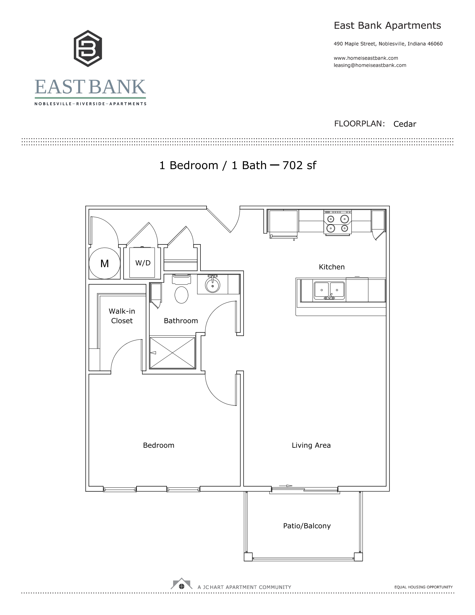 Cedar One-Bedroom Floor Plan | East Bank Noblesville Riverside Apartments